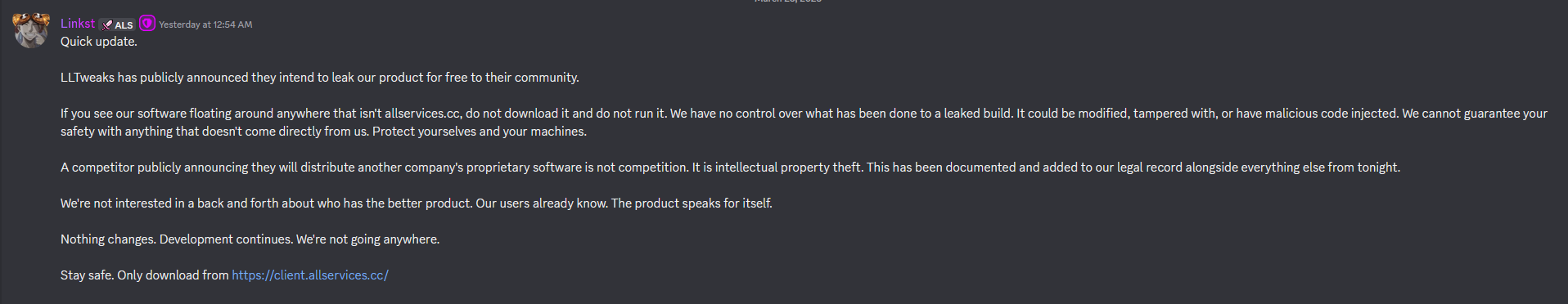 Discord announcement from Linkst